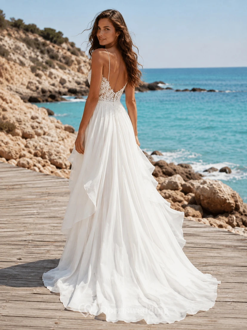 Spaghetti Strap Split Chiffon Beach A-Line Bridal Gown view 2