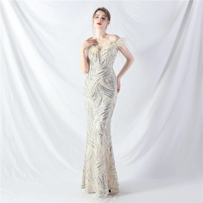 Robe de soirée haut de gamme à sequins, ornée d'un gilet à taille en arêtes de poisson et de plumes d'autruche. view 41
