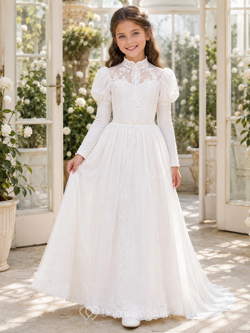 Edwardianisches Kommunionsballkleid mit Puffärmeln und langen Ärmeln aus Spitze