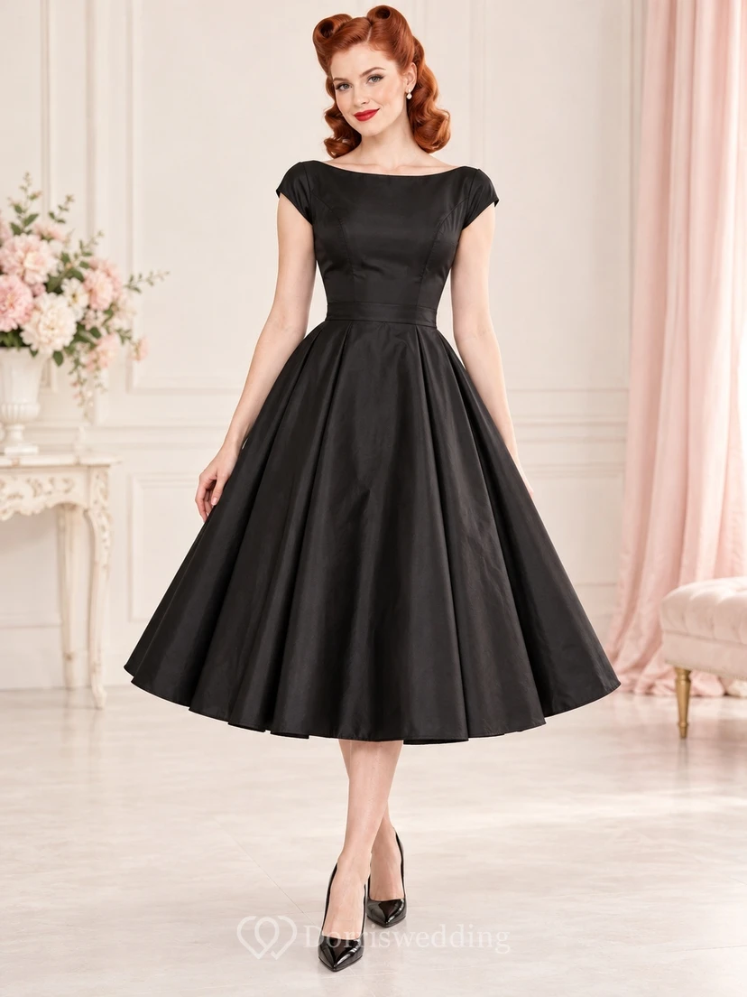 1950s Tea-length Black Modest Bateau Cap Sleeve Pleated Swing Dress