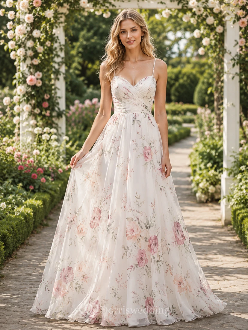 Spaghetti Floral Print Chiffon Summer Garden A Line Gown