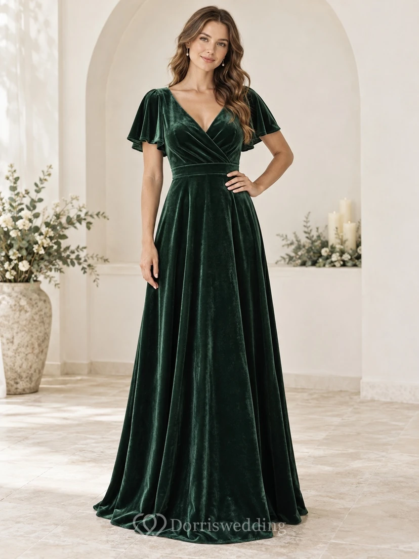 Vestido de dama de honor de corte A con escote en V y mangas con volantes en terciopelo verde pino
