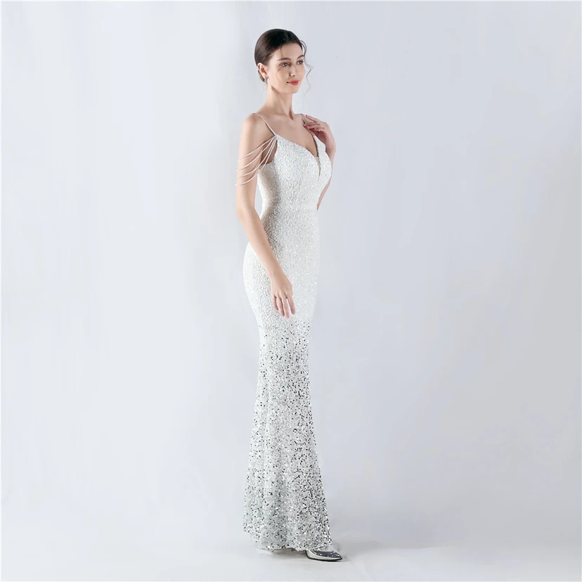 Velvet-Bottom Gradient Sequined Sexy Beaded Suspender Evening Dress view 4