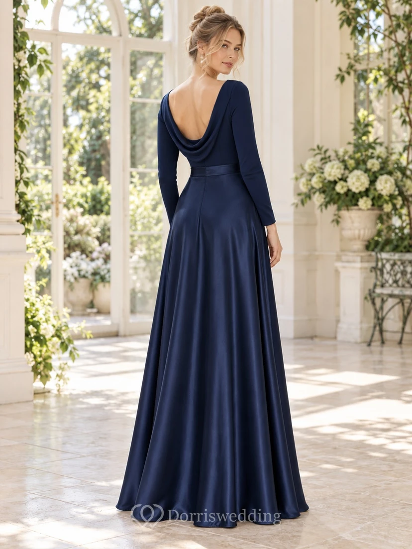 Mitternachtsblaues, formelles, bodenlanges Abendkleid aus Satin mit Rundhalsausschnitt, langen Ärmeln, Wasserfallausschnitt am Rücken und A-Linien-Schnitt view 2