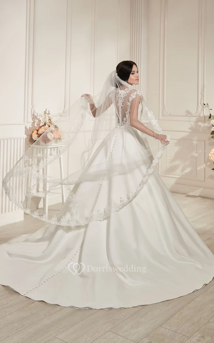 A-Line Long Jewel-Neck Cap-Sleeve Illusion Satin Dress With Appliques view 3