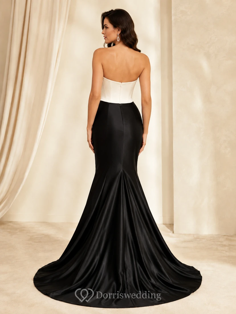 Lujoso vestido de noche formal de satén blanco y negro sin tirantes con escote corazón y cola de sirena view 2