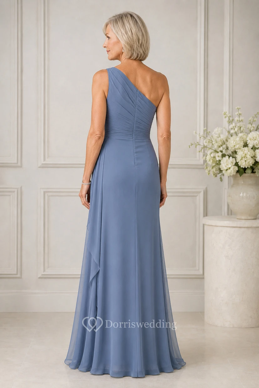 Stahlblaues, schulterfreies Chiffon-Etuikleid für Mütter view 2