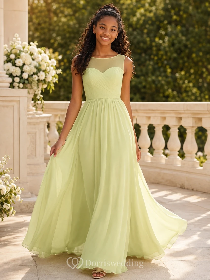 Limettengrünes Brautjungfernkleid für junge Damen, A-Linie, herzförmiger Ausschnitt und hoher Kragen, ärmellos, Illusionsärmel, Chiffon, schlicht