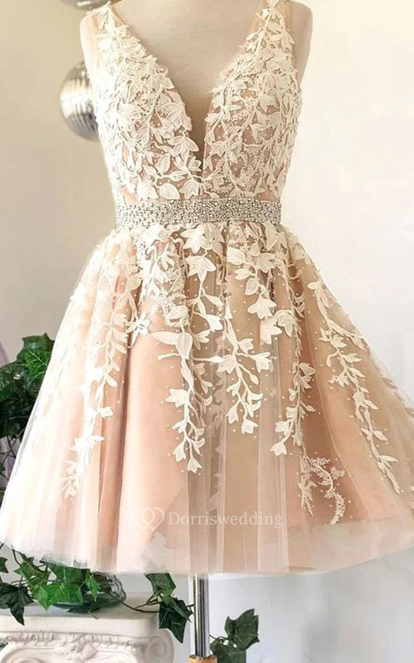 Pearl Pink Plunged Sleeveless Lace Applique Empire Short A-line Dress with Beadings view 3