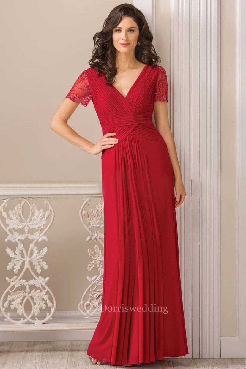 Short-Sleeved V-Neck Long Mother Of The Bride Dress With Pleats And Beadings