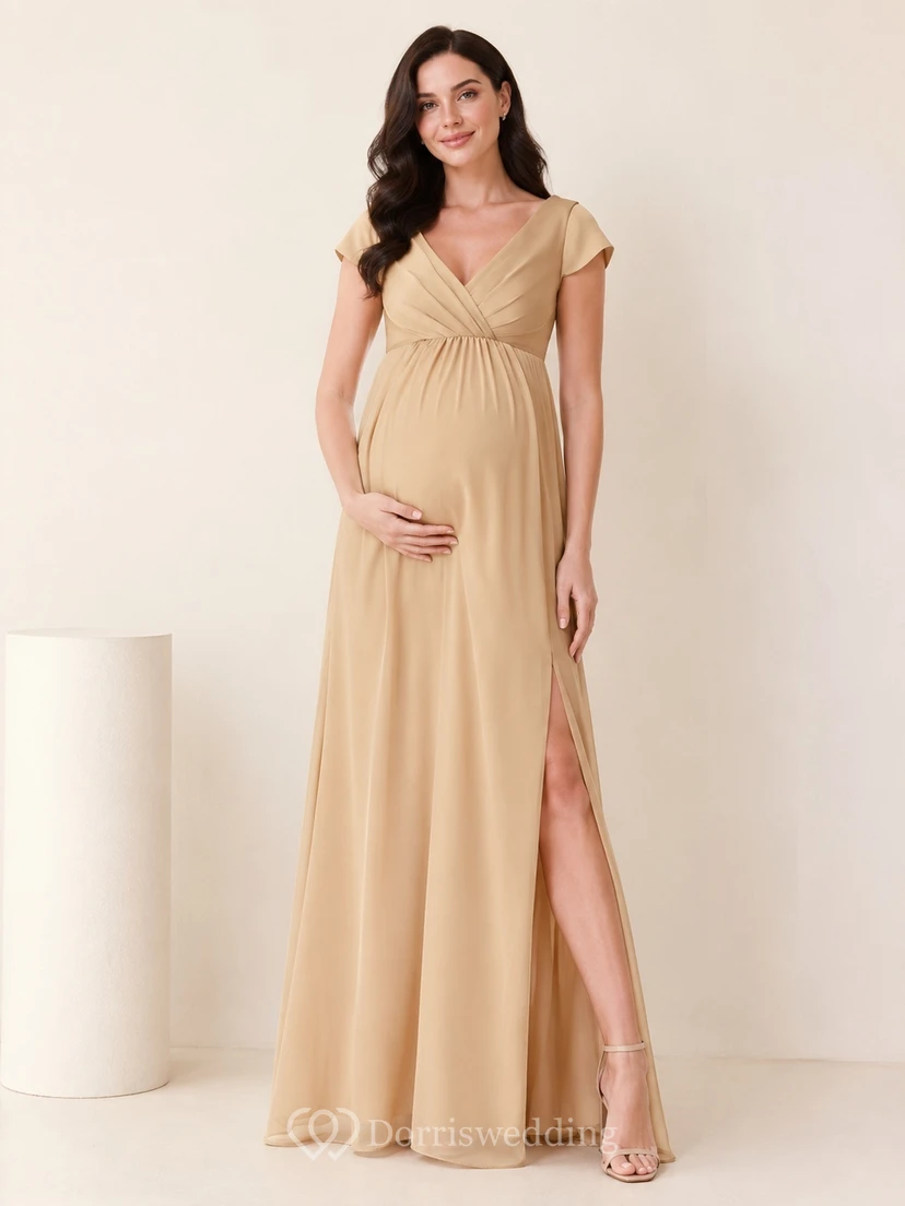 Champagne Maternity Chiffon V-neck Petal Sleeve Empire Waist Split Floor-length Guest Dress
