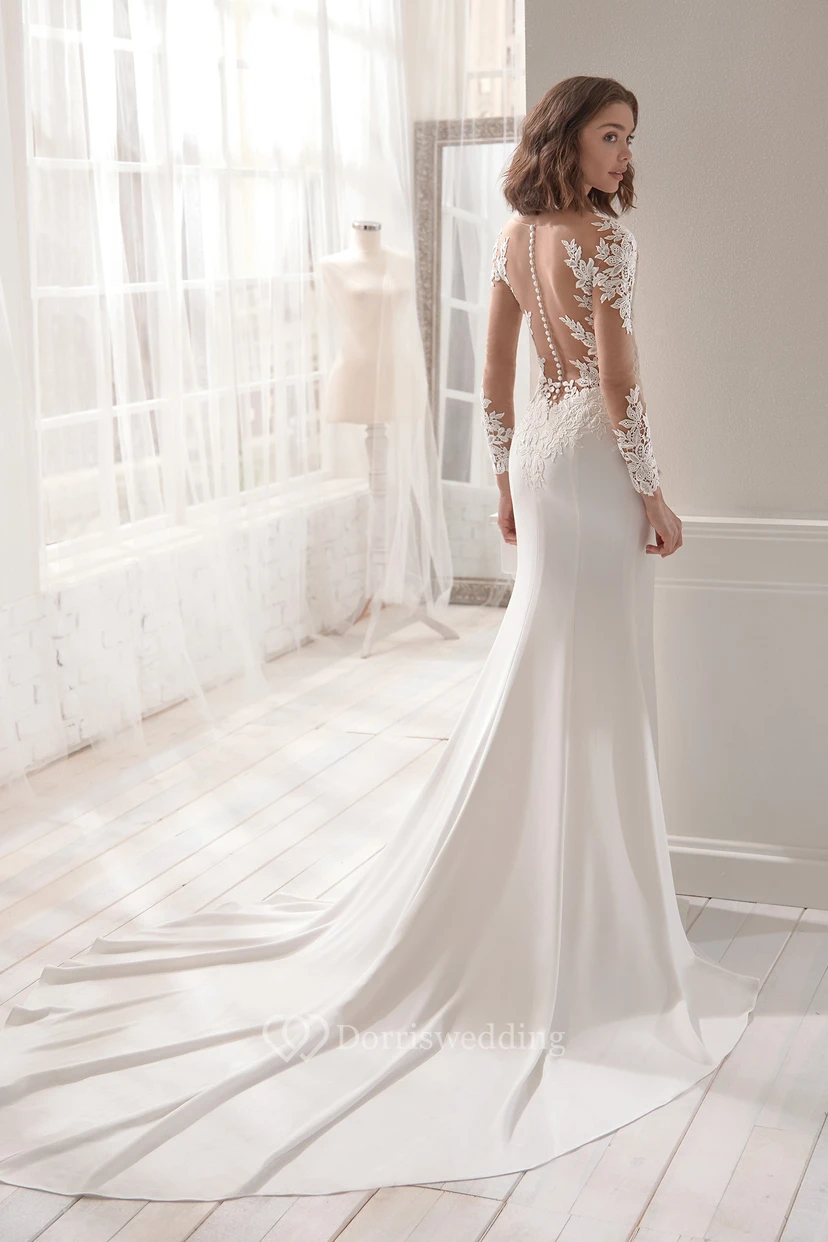 Charming V-neck Sheath Long Sleeve Wedding Dress With Illusion Back view 2
