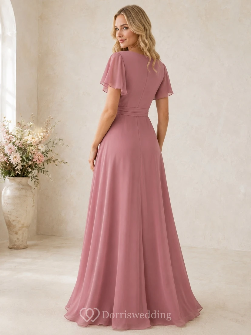 Dusty Rose Wrap V-neck Flutter Sleeve Chiffon A-line Sweep Train Gown view 2