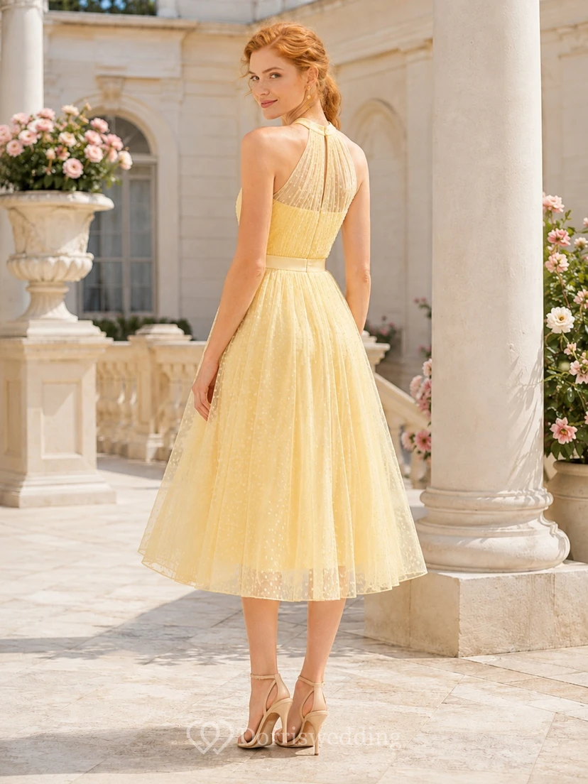 Daffodil Tulle Jewel Neck Sleeveless A-Line Tea-length Bow Formal Dress view 2
