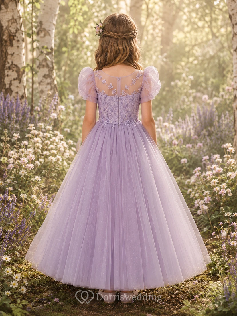 Flower Girl Dress Lavender Satin A-Line Short Sleeve Jewel Neck Tea Length Bow Detail view 2