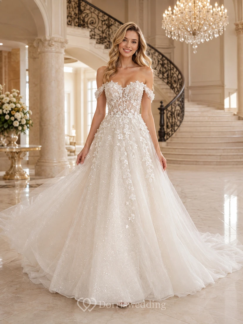 Robe de mariée romantique de luxe en dentelle florale à épaules dénudées et coupe trapèze, avec traîne chapelle, style A.