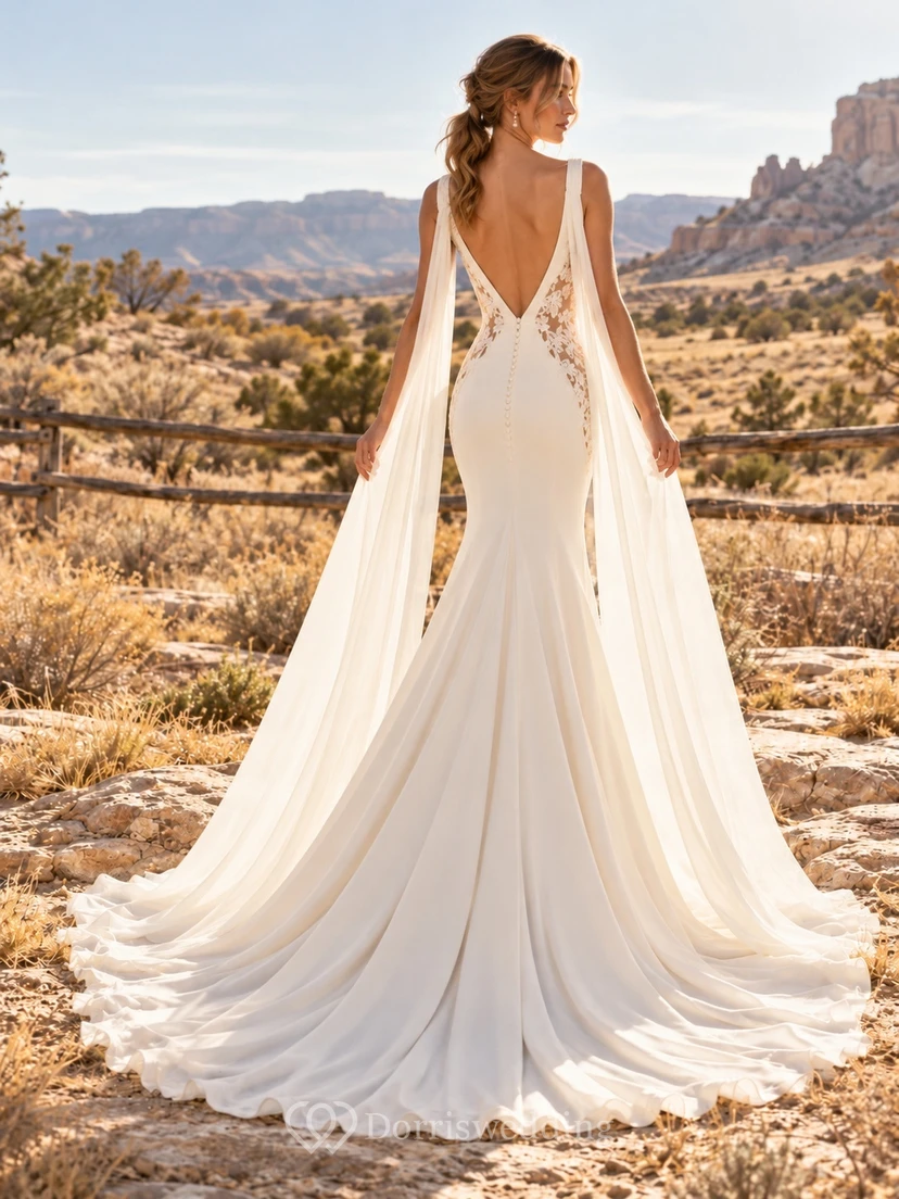 Country Western Deep V-neck Cape Panel Mermaid Bridal Wedding Dress view 2