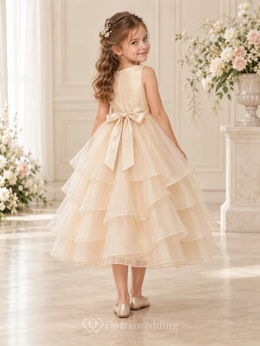 Tea-length Ivory A-line Organza Sleeveless Sashed Layered Round-Neck Flower Girl Dress view 2