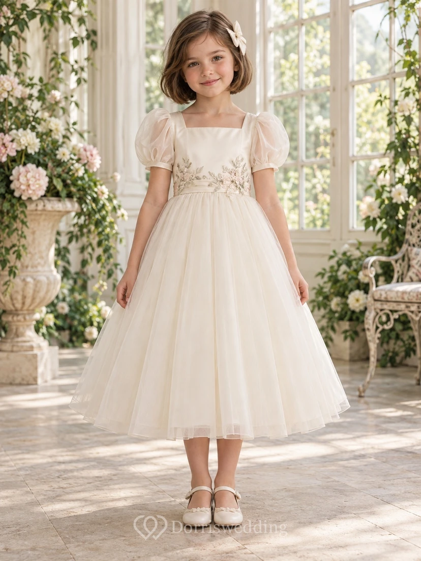 Vestido de niña de flores de corte A, largo hasta la rodilla, cuello cuadrado, tul color marfil, mangas abullonadas, cintura bordada y lazo en la espalda.