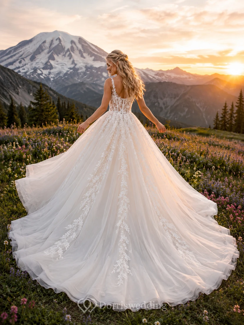 Robe de mariée coupe A, bretelles spaghetti, décolleté cœur, dentelle et tulle, traîne chapelle, style coucher de soleil view 2