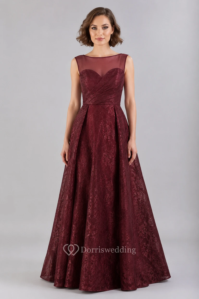 Robe de soirée bordeaux illusion bateau trapèze avec corsage en dentelle