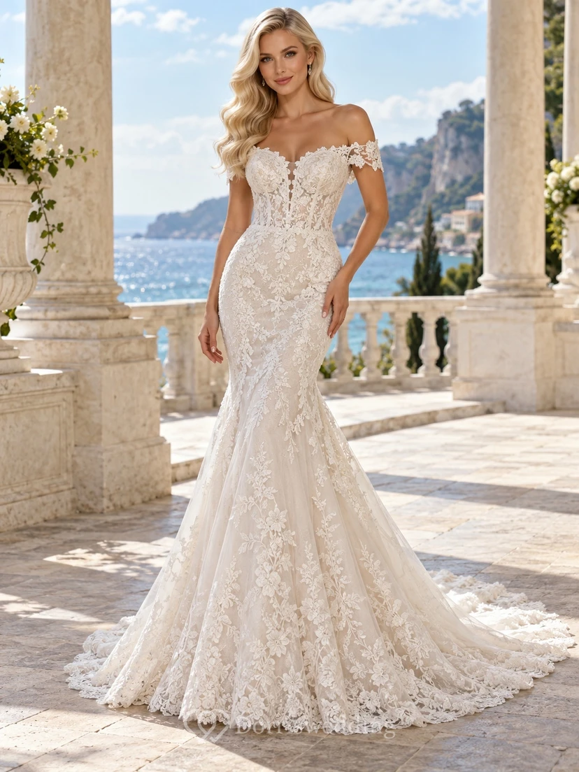 Mermaid Off Shoulder Plunge Sweetheart Lace Bridal Train Wedding Dress