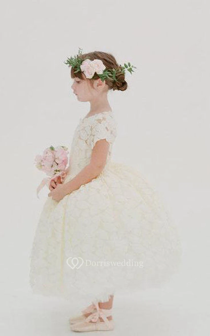 Flower Girl Short Sleeve All Over Lace Ball Gown With Keyhole view 2