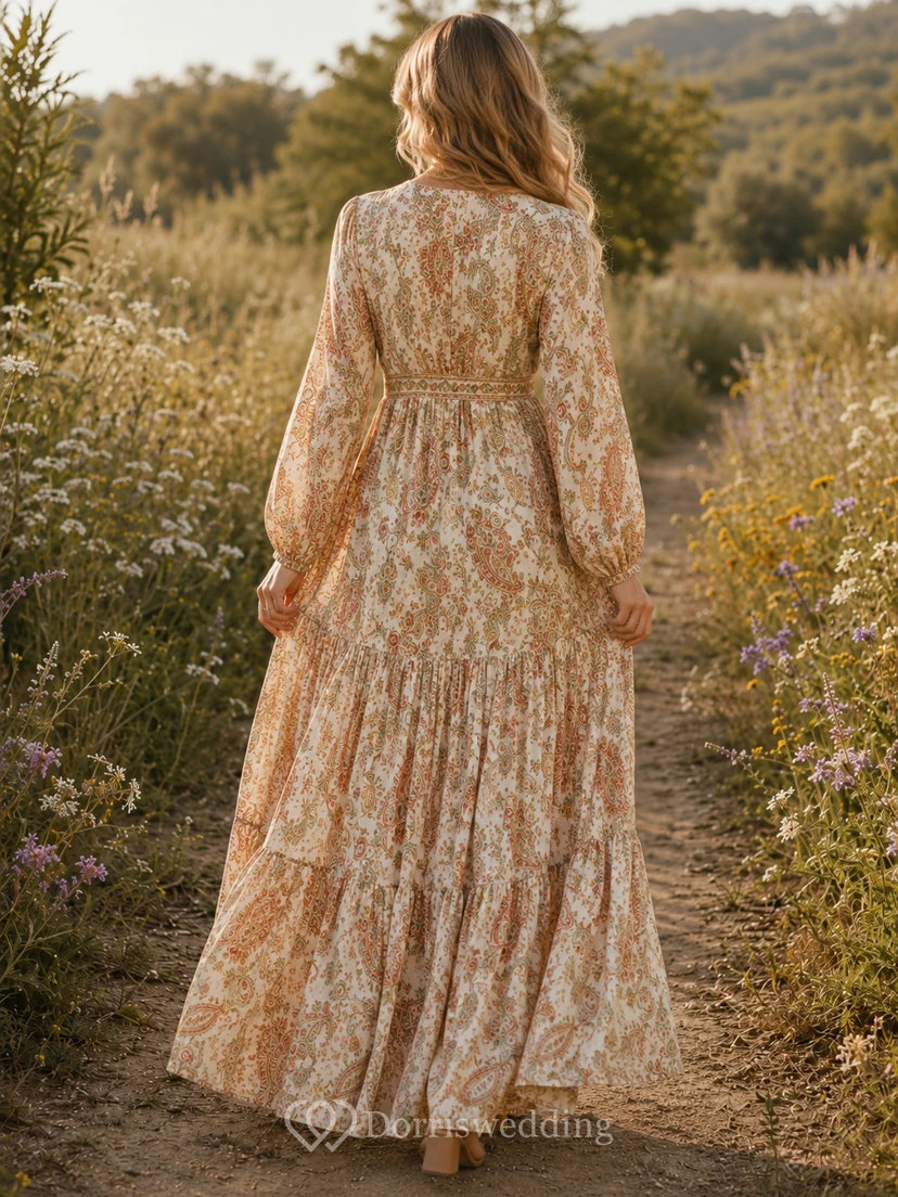 Beige Paisley Print V-Neck Long Sleeve Boho Maxi Dress view 2