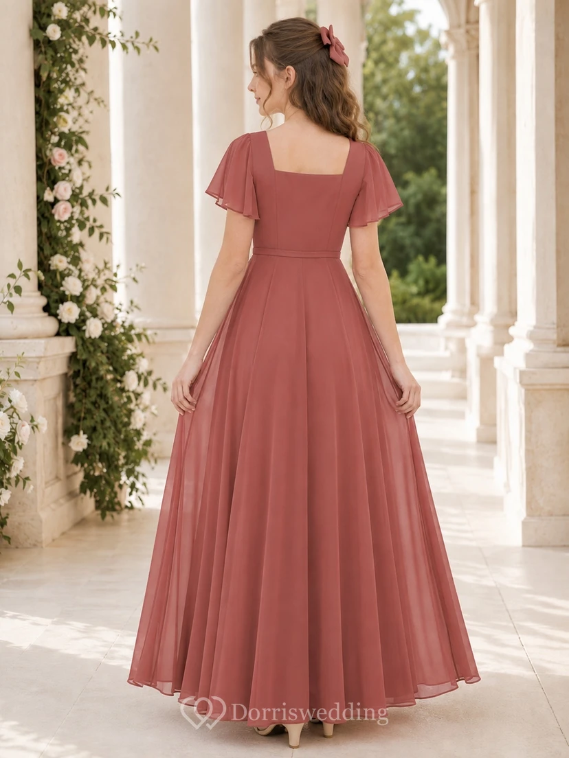 Elegantes braunes Chiffon-Brautjungfernkleid mit Glockenärmeln, quadratischem A-Linien-Schnitt und bodenlanger Silhouette view 2