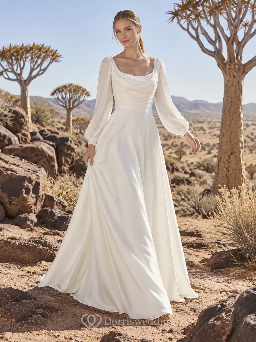 Vestido de novia sencillo de corte A con cuello drapeado, manga larga, satén y gasa, cintura natural.