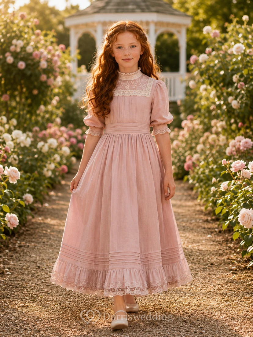 A-Line Edwardian Flower Girl Dress with High Neck, Three-Quarter Sleeves, Lace Skirt, Waist Ribbon, Edwardian Garden Style