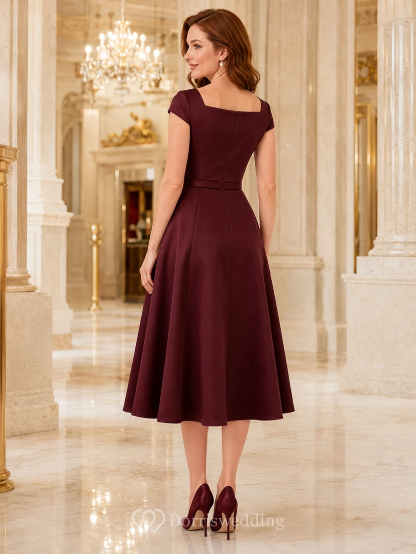 Burgunderfarbenes Cocktailkleid in Teelänge mit eckigem Ausschnitt und A-Linie view 2