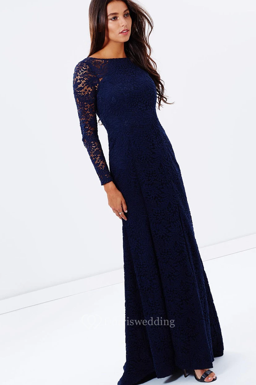 Split-Front Jewel Neck Long Sleeve Lace Blue Bridesmaid Dress view 5