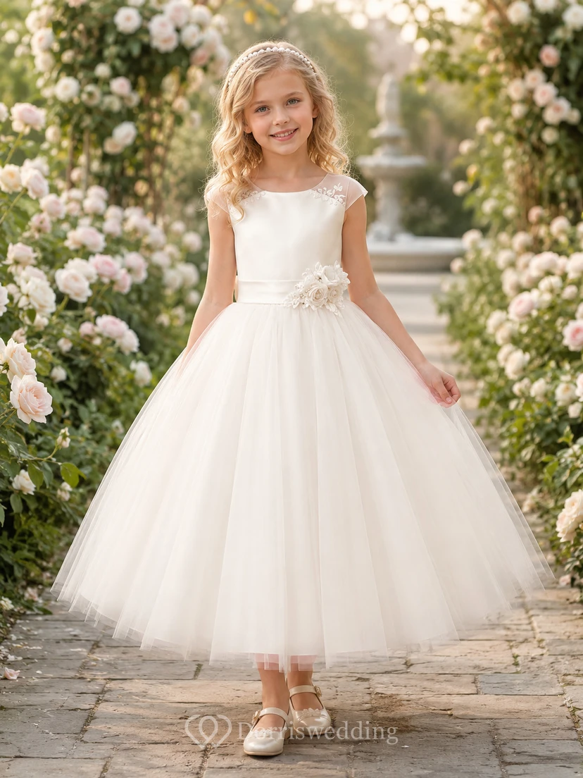 Blumenmädchenkleid aus champagnerfarbenem Tüll, A-Linie, Rundhalsausschnitt, Teelänge, Schleife am Rücken