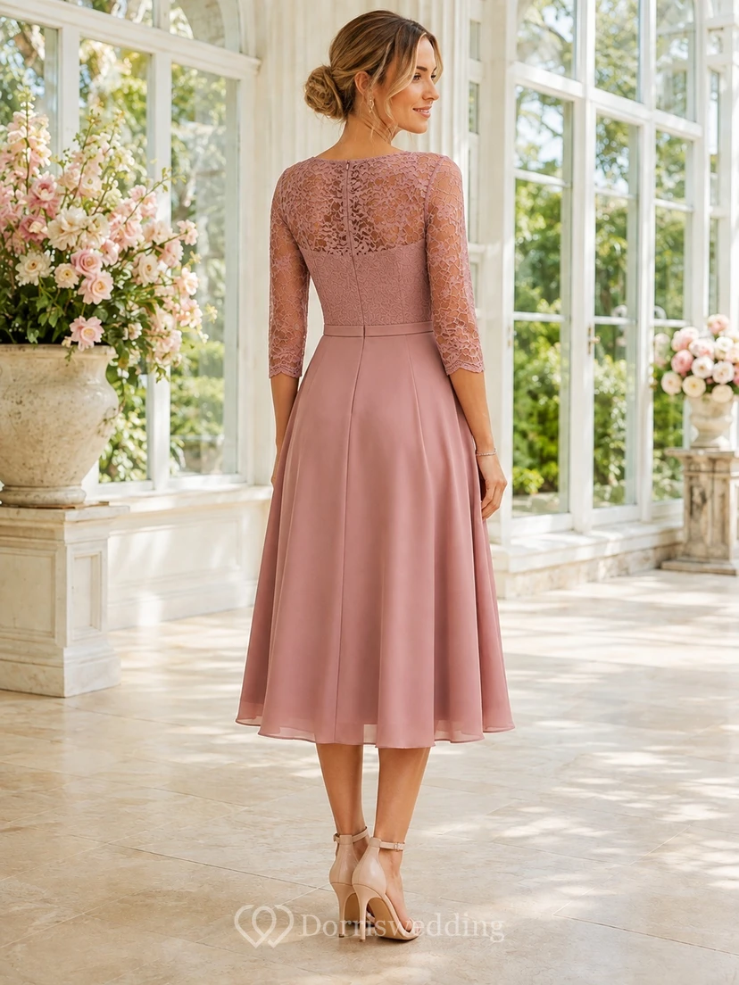 Dusty Rose Lace Jewel Neck Long Sleeve Tea-length A-Line Modest Dress view 2