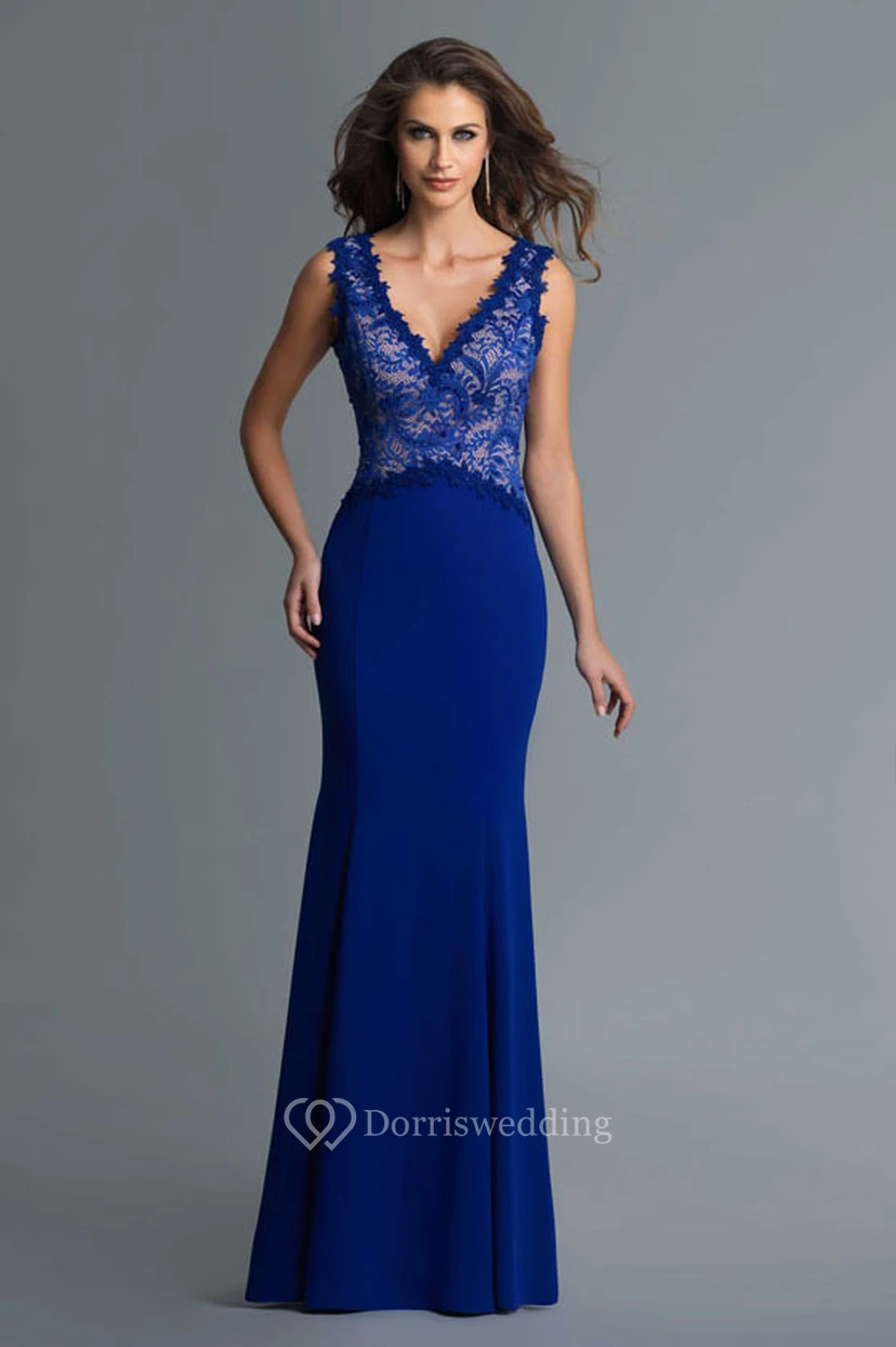 Sheath Long V-Neck Sleeveless Jersey Deep-V Back Dress With Lace
