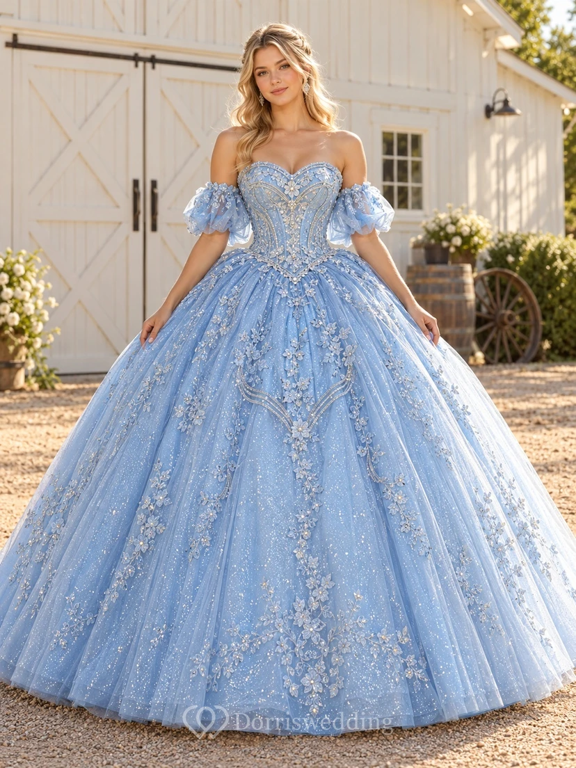 Robe de bal de quinceañera bleu ciel occidental à épaules dénudées et décolleté cœur brodée