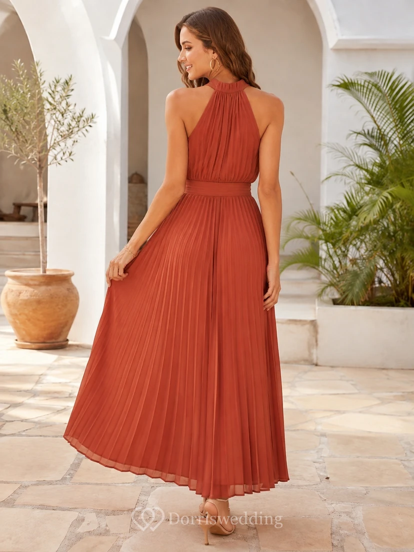 Vermilion Boho Halter High Neck Pleated Ankle-Length Empire A-Line Guest Dress view 2