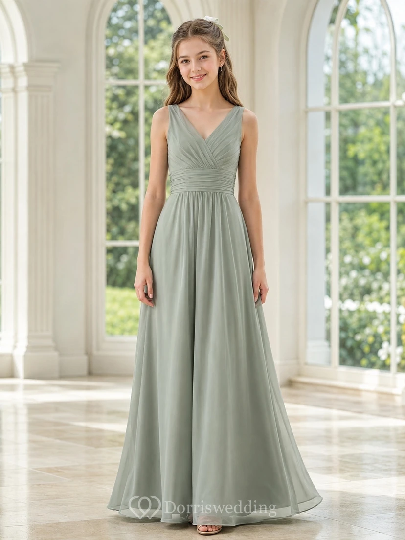 Vestido de dama de honor juvenil color verde celadón plateado, corte en A, escote en V, sin mangas, elegante y formal.