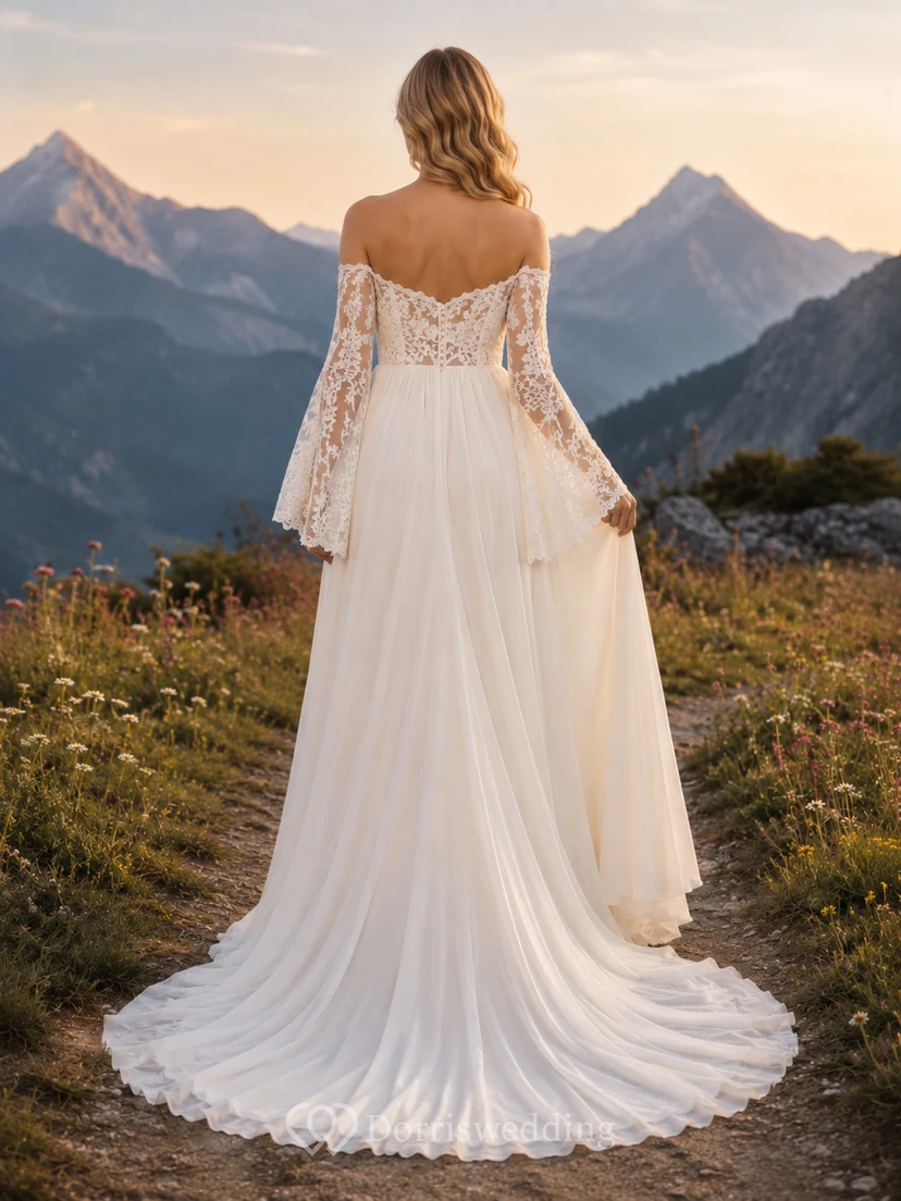Maternity Wedding Dress Off-the-Shoulder Bell Sleeve Lace Mountain Bridal Gown with Train view 2