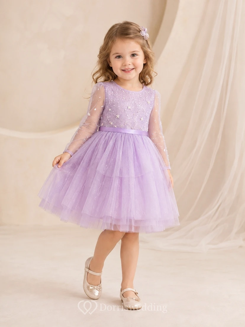Adorable Lavender Sequined Tulle Jewel Neck Long Sleeve Sparkling A-Line Flowergirl Dress