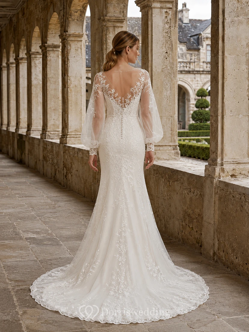 Illusion Poet Sleeve Lace Mermaid Manor Elopement Gown view 2