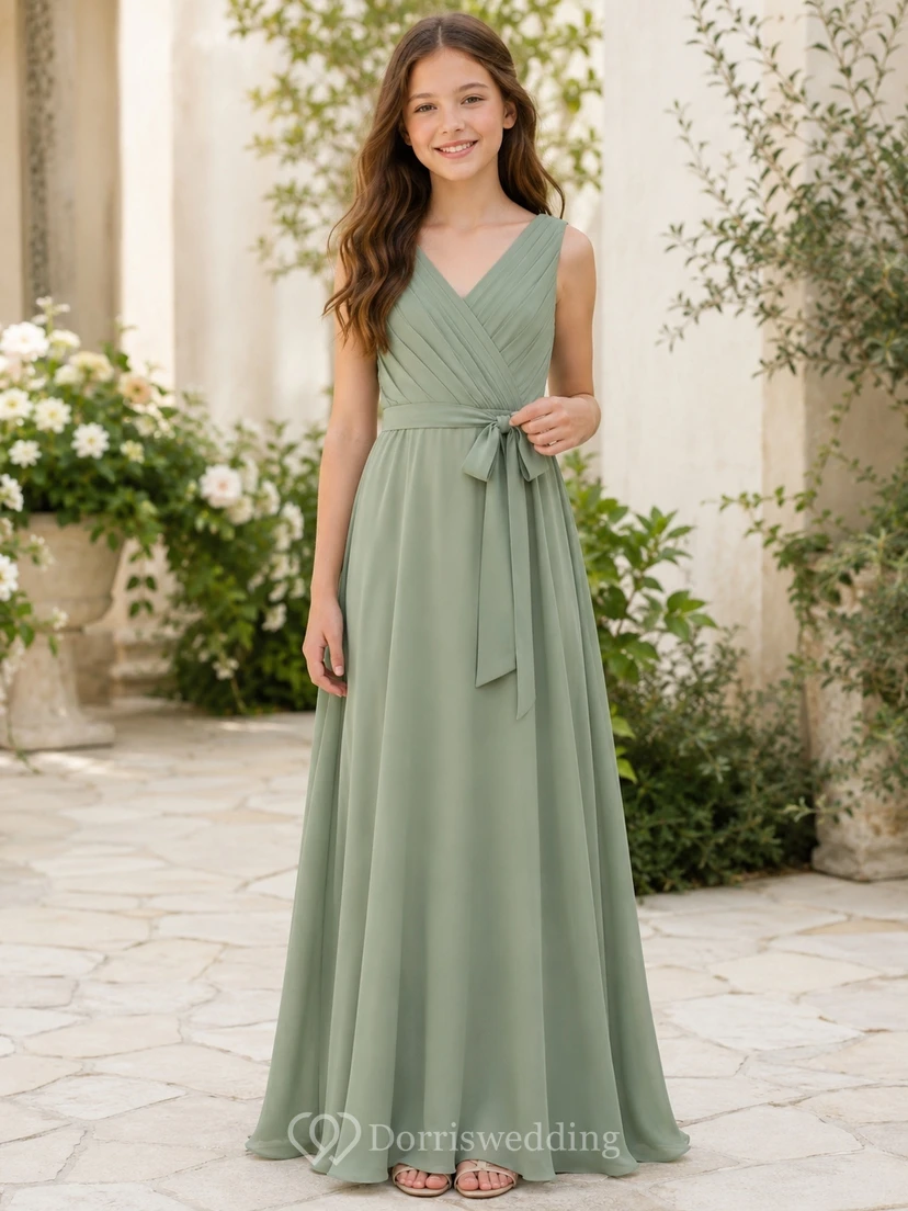 Vestido de dama de honor juvenil color celadón, corte en A, escote en V, sin mangas, de gasa, con fajín en la cintura, estilo romántico.