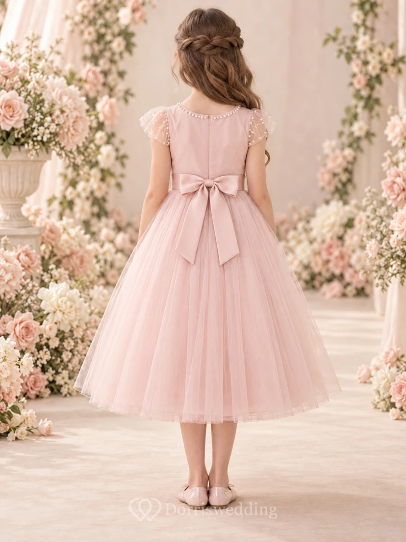 Rosafarbenes, perlenbesetztes Tüllkleid mit kurzen Ärmeln, Schleife und Teelänge – Blumenmädchenkleid view 2