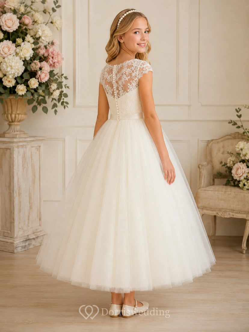 Lace Cap Sleeve Tulle Tea-Length A-Line Classic Formal Flower Girl Dress view 2