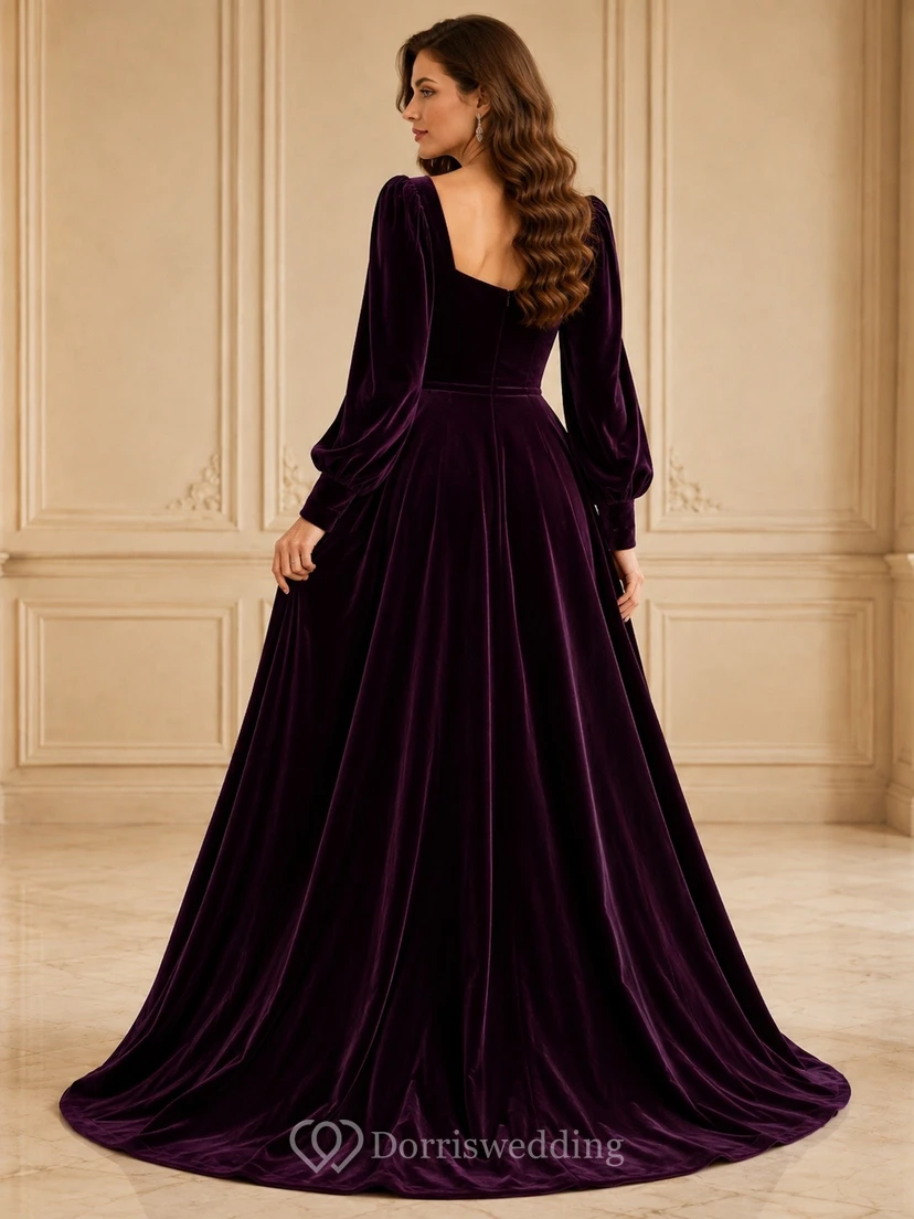 Luxury Plum Velvet Ball Gown Floor-Length Sweetheart Long Sleeve Evening Dress view 2