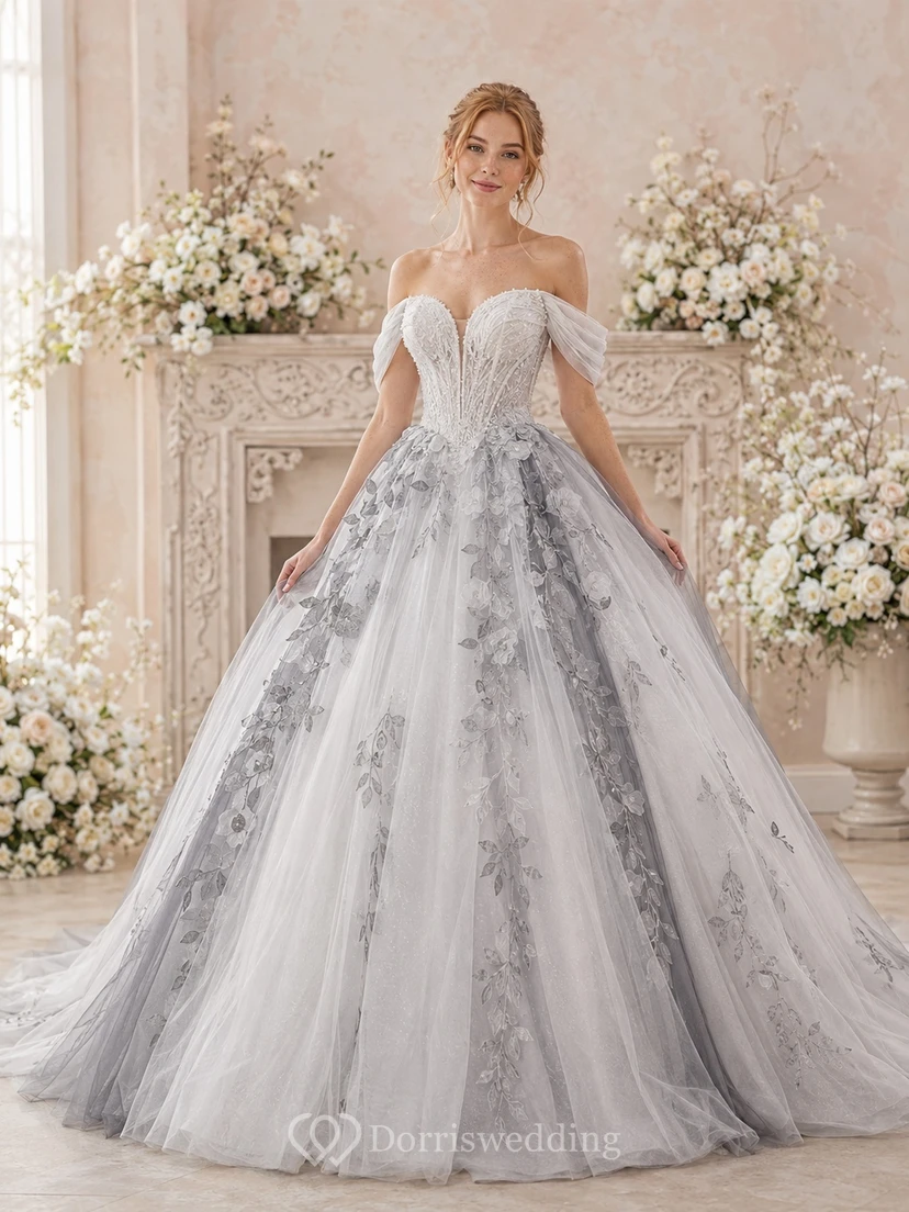 Graues, geblümtes Ballkleid, Brautkleid, schulterfrei, kurze Ärmel, bodenlang, Kathedralenschleppe, romantisches Kleid