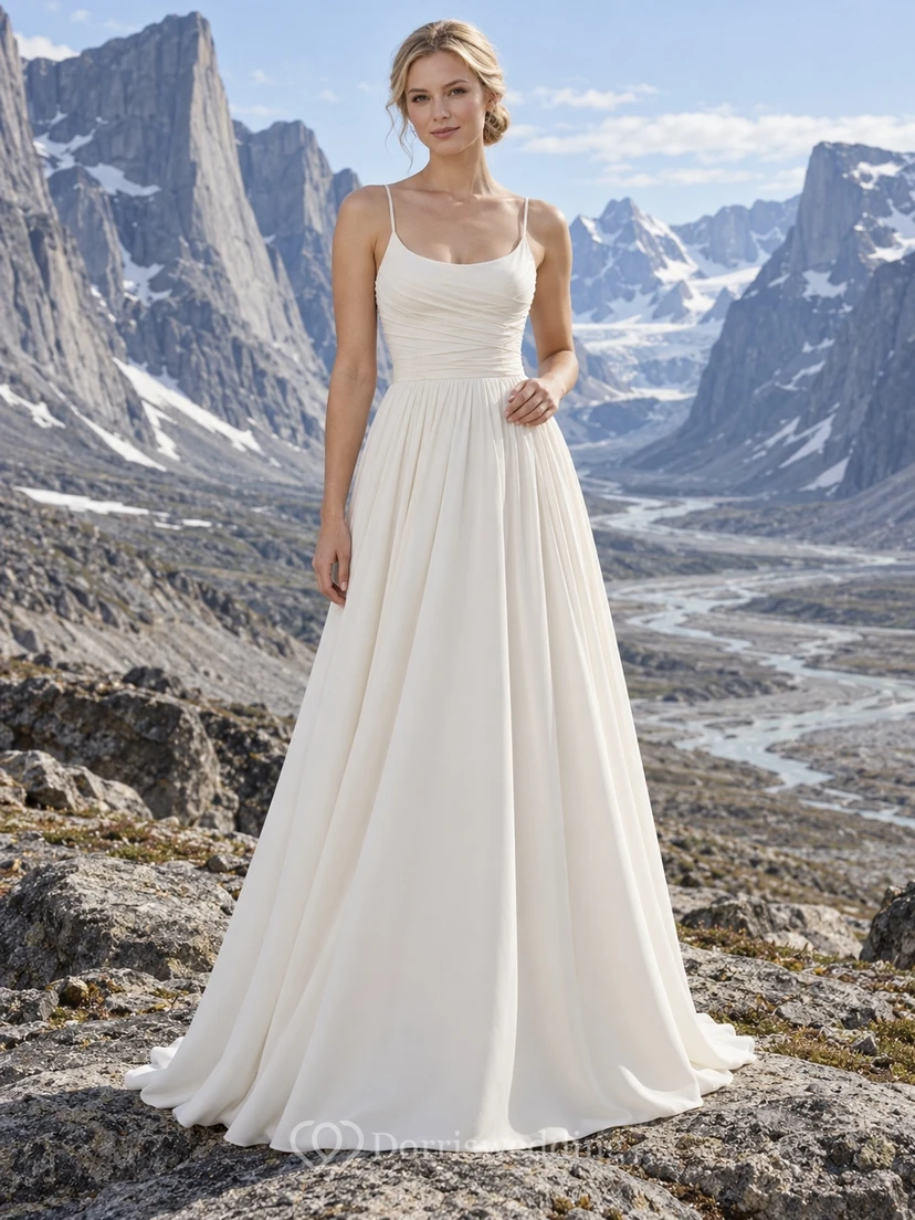 Simple Scoop Neck Crepe Wedding Dress with Fine Straps and Ruched A-Line Bodice