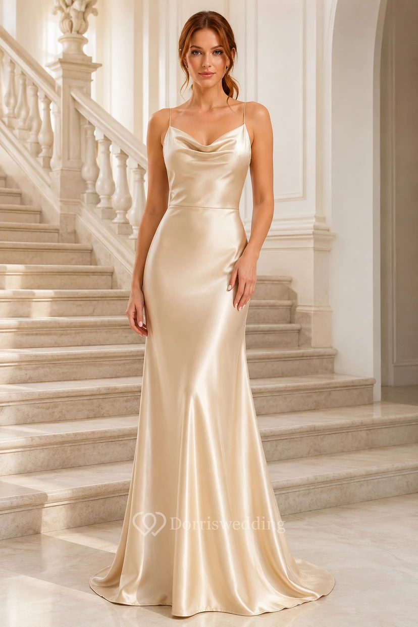 Vestido de dama de honor de satén color champán, corte recto, tirantes finos, largo hasta el suelo.