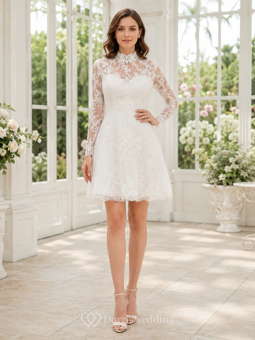 Modest High Neck Long Illusion Sleeve Floral Lace Sheath Mini Wedding Dress